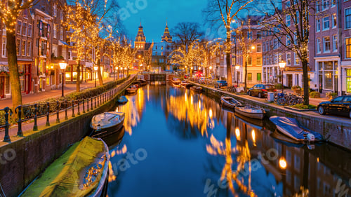 Preview: Amsterdam Netherlands canals with christmas lights during December, canal historical centre of