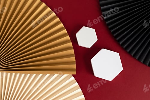 Preview: Podium, stand, platform for product presentation. Abstract background made of paper fans and