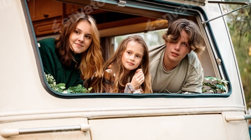 Preview: Children,family,brother sister traveling in camper,house on wheels. Trailer motor home.Looking in