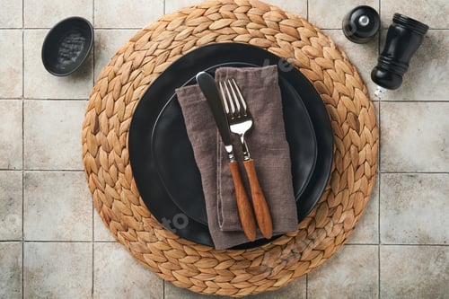 Preview: Ceramic empty black plate, silverware and linen kitchen towel napkin on old ceramic tile table backg