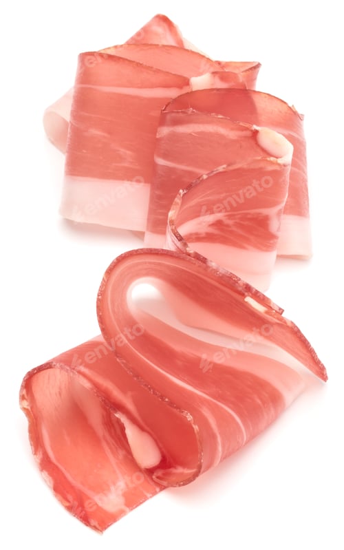 Preview: Italian prosciutto crudo or jamon. Raw ham. Isolated on white background