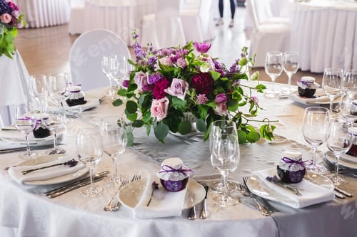 Preview: Dining table setting at Provence style, with jam jar and lavender.