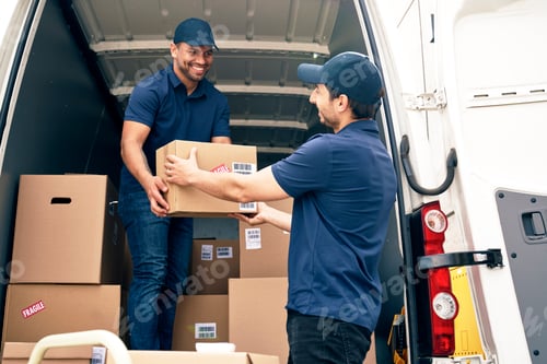 Preview: Two happy couriers unloading packages from the car