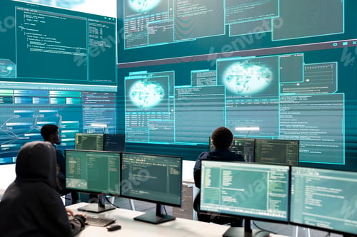 Preview: Cyber defense expert examining data on a big screen in governmental agency