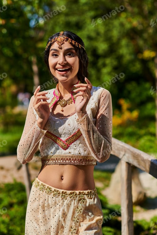 Preview: amazed indian woman in traditional clothes looking at camera on sunny day in summer park