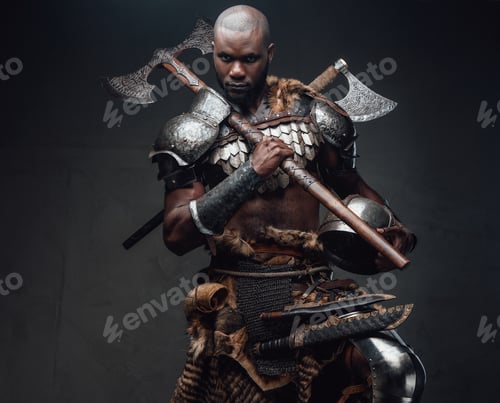 Preview: Furious fighter with black skin holding a helmet and an axe