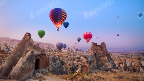 Preview: Close-up colorful big hot air balloons flying over beautiful Goreme village landscape at sunrise. Ca