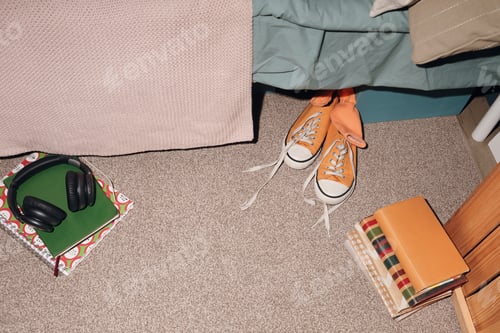 Preview: Room with Headphones and Books on Carpeted Floor