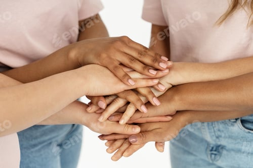 Preview: Different ethnicity female hands. Multicultural diversity and friendship.