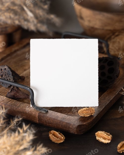 Preview: Square card on wooden tray near brown decor and grey linen cloth closeup, boho mockup