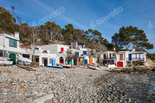 Preview: Picturesque colorful mediterranean shoreline in Girona. Salguer cove. Fisherman houses