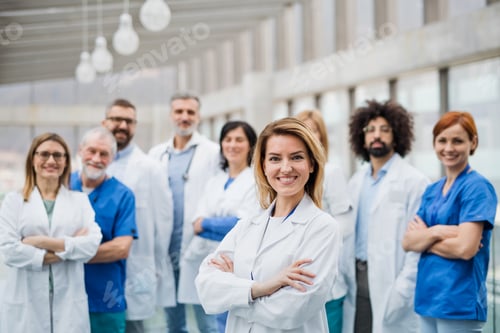 Preview: Group of doctors looking at camera, corona virus concept.