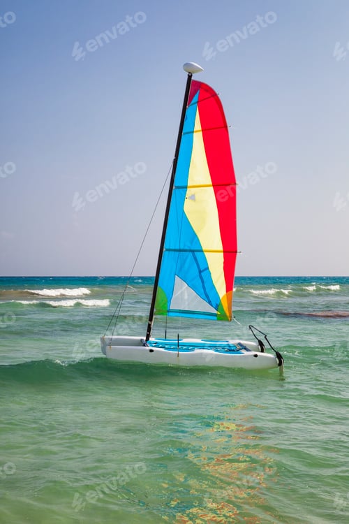 Preview: A catamaran in shallow water with the sail up.