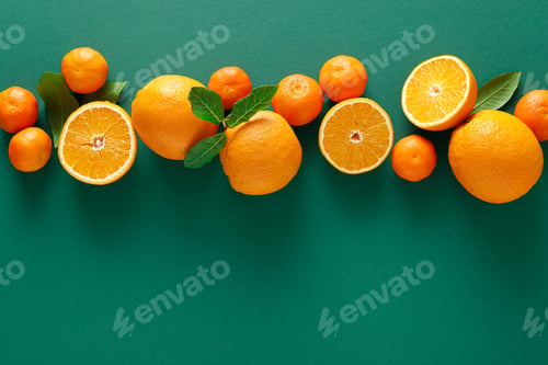 Preview: Fresh oranges with leaves, ingredients for juice, vitamin c concept, top view, copy space for a text