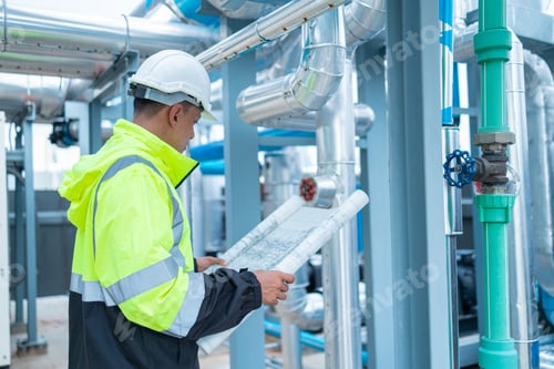 Preview: Engineer reads asbuil drawings to inspect chiller water pipes