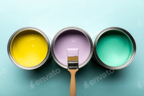Preview: top view of three tins with paints and brush on blue surface