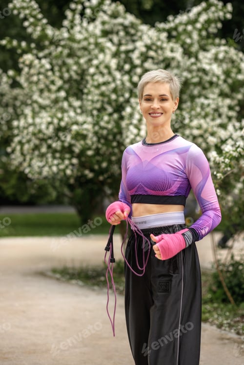 Preview: An elderly woman in sportswear jumps rope on a sports ground, outdoors. Exercises with equipment
