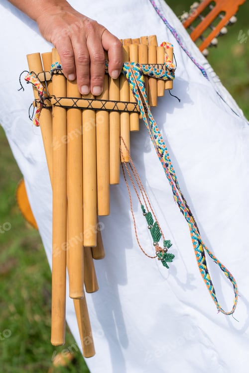 Preview: musical instrument in the hands of a woman. Indigenous and autochthonous flute