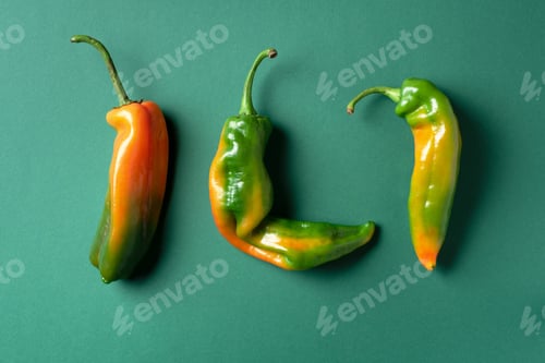 Preview: Ugly bell pepper on green background. Concept of zero waste production. Top view. Copy space. Non
