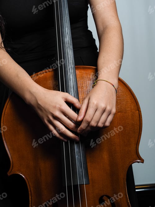 Preview: young female woman musician hold handmade classical cello in her hands over a solid background