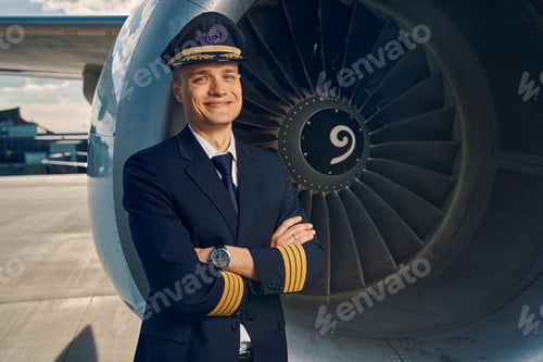 Visualização: Cheerful aviator posing for the camera after the flight