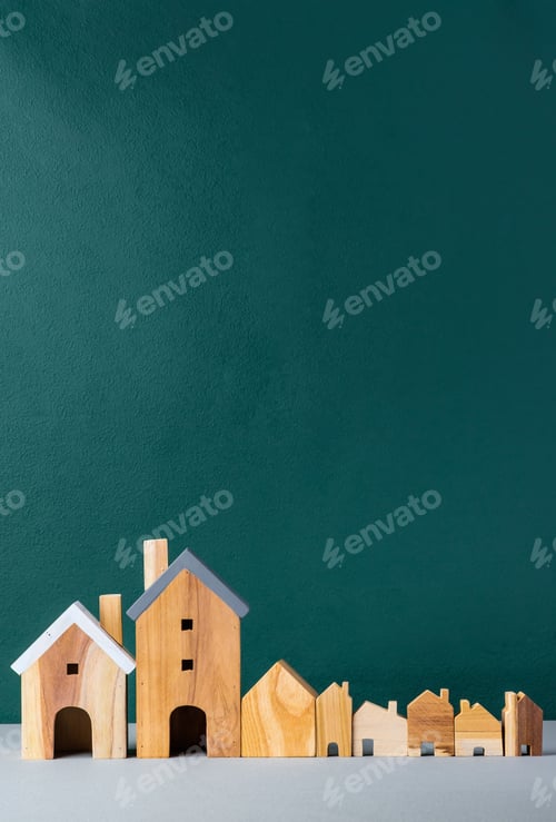 Preview: set of wooden house and tree decoration in village on grey floor and green background