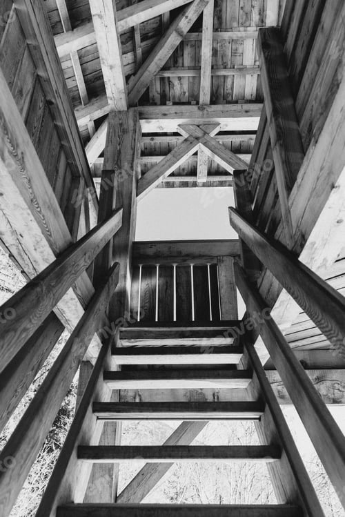 Preview: Low angle shot of stairs as they lead to the remainder of the wooden house