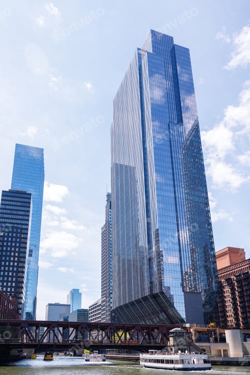 Preview: Vibrant sunny view of Chicago downtown skyline under a blue sky