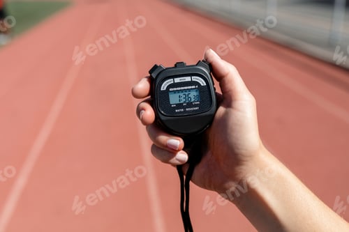 Preview: Hand Holding Stopwatch on a Running Track