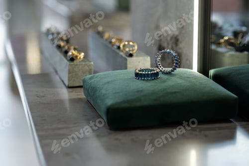 Preview: Part of display with two rings on top of square velvet cushion