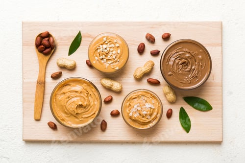 Preview: Glass jar with peanut butterin plate on table background, top view space for text and close up