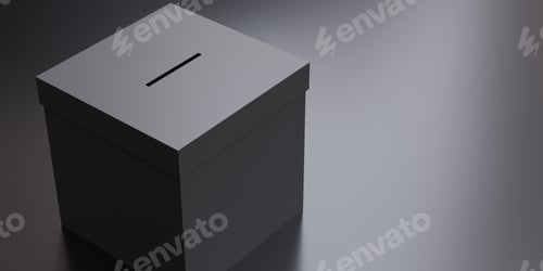 Preview: Black election ballot box with a slot on grey background, copy space, close up above view. 3d render