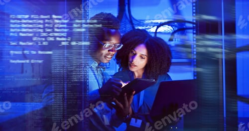 Preview: Man, woman and tablet with overlay for technology, maintenance in dark data center or futuristic. T