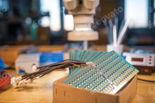 Preview: Close-up side view of a panel of SMD resistors