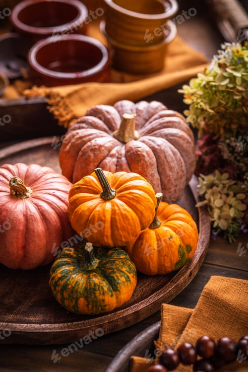 Preview: Still life with pumpkins, autumn fruits and plants, Thanksgiving arrangement on kitchen table