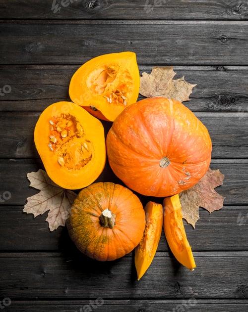 Preview: Pieces of fragrant pumpkin with leaves.