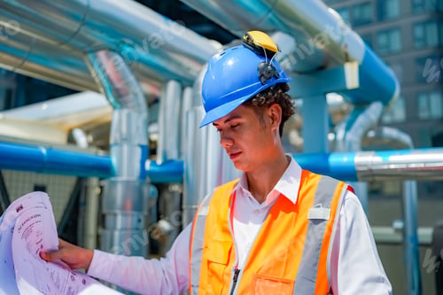 Preview: Construction worker examines blueprints at a commercial site during midday