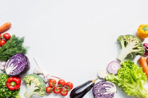 Preview: frame of colorful assorted fresh vegetables on white background