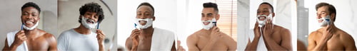 Vista previa: Collage With Diverse Young Men Shaving Near Mirror In Bathroom