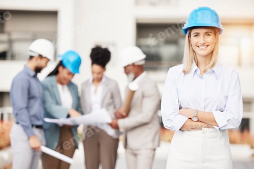 Preview: Architecture, engineer and portrait of woman with smile for building, construction site and plannin