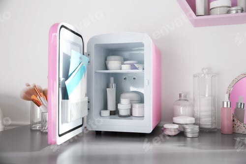 Preview: Mini fridge with cosmetic products on grey vanity table indoors