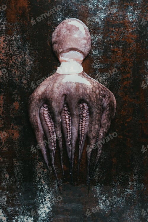 Preview: top view of big wet uncooked octopus on rusty metal surface