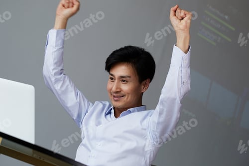 Preview: Happy Asian businessman raising his arm up when success, lifestyle concept
