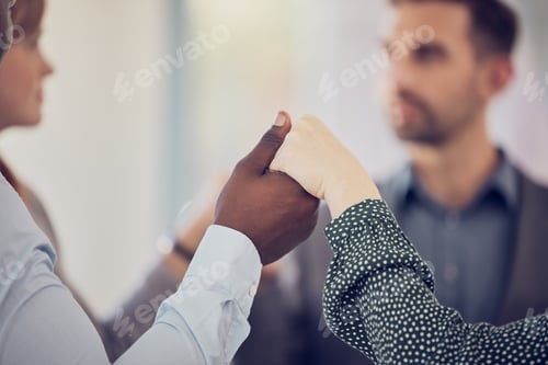 Preview: Diversity, holding hands and business people in team building for support, prayer or commitment. Co