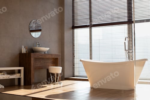 Preview: Modern bathroom with panoramic window in luxury apartment