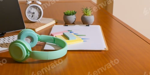 Preview: Productive workspace with headphones for focused gen z work