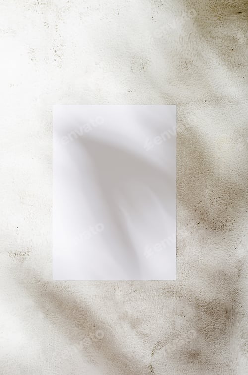 Preview: Empty white card with blur shadow of leaves on textured background.