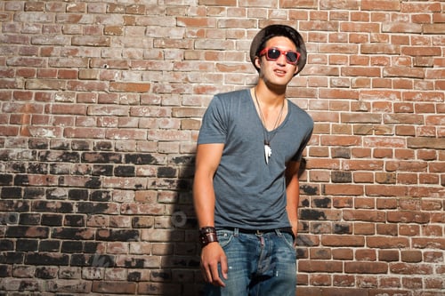 Preview: Urban Asian Man With Red Sunglasses. Good Looking. Cool Guy. Wearing Grey Shirt And Hat And Jeans