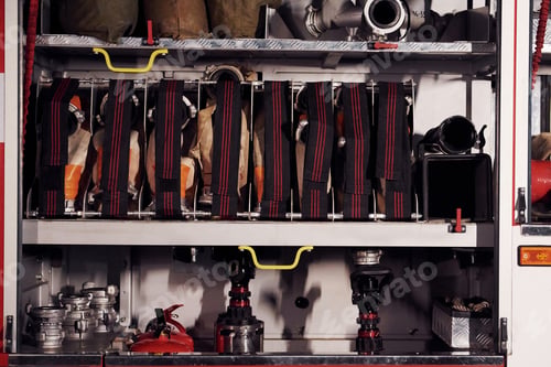 Preview: Inside of fire truck. Close up view of equipment and hoses