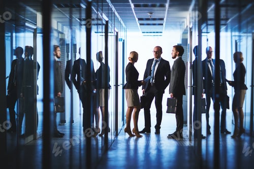 Preview: Discussing work in corridor